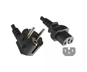 Nätkabel CEE 7/7 90° till apparatkontakt C15, 1mm², VDE, svart, längd 0,70m